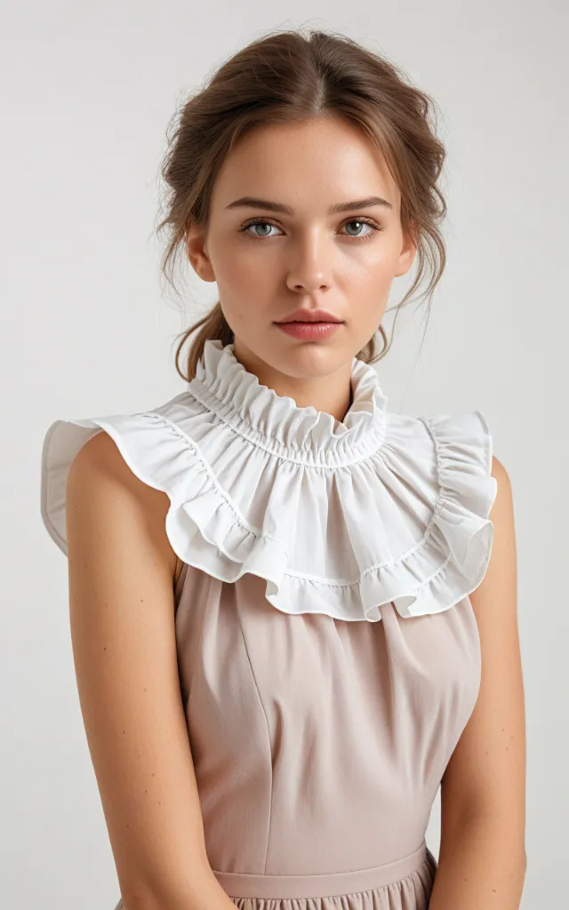 A European female model wearing a dress with a Ruffled collar, white background, bust portrait